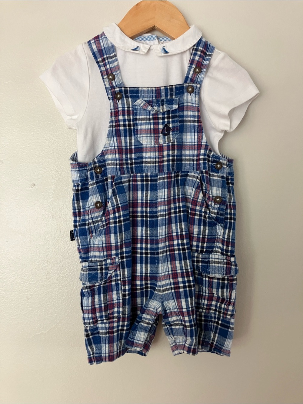 JoJo Maman Bebe Plaid Overalls and Bodysuit Set with Embroidered Sailboats
